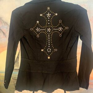 New Vintage black “Love Junkie “blazer/ jacket w/ cross design on back.